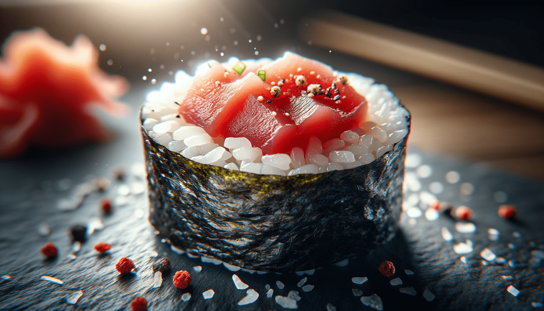 DALL·E 2024-01-06 15.18.11 - A close-up, high-quality photo of a single maki sushi roll, focusing on the intricate details and freshness of the ingredients. The roll is a classic