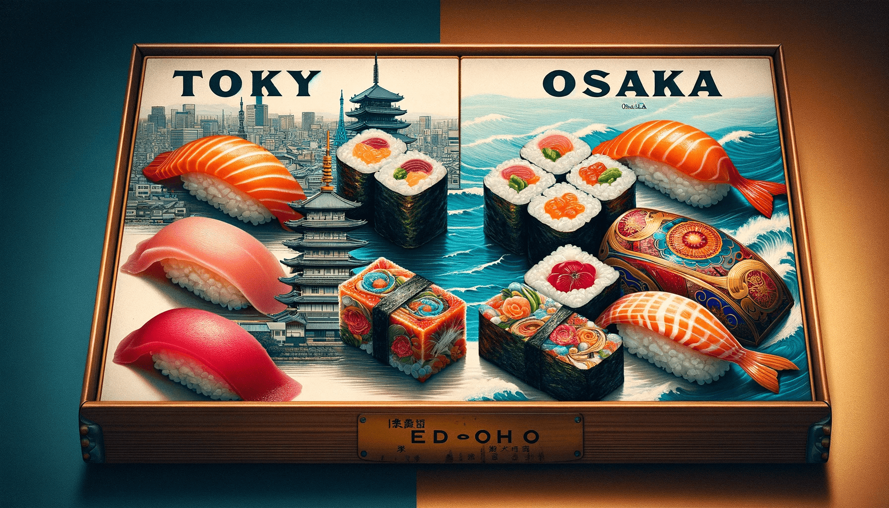 DALL·E 2024-01-06 15.14.35 - An image showcasing the contrast between Tokyos Edo-mae sushi and Osakas pressed sushi. The Tokyo side features Edo-mae sushi, characterized by its
